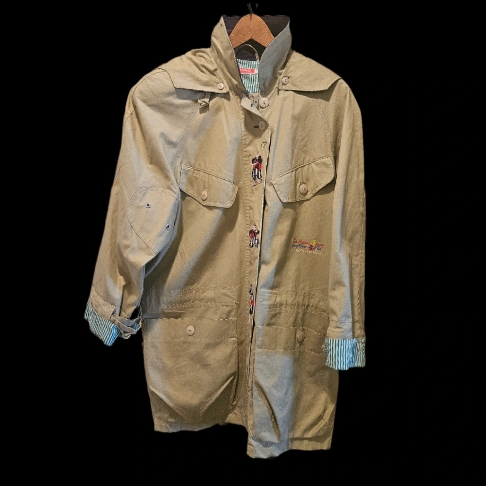 René Derhy Embroidered Coat Khaki Boho Safari Jacket Whimsical Art Women (S)